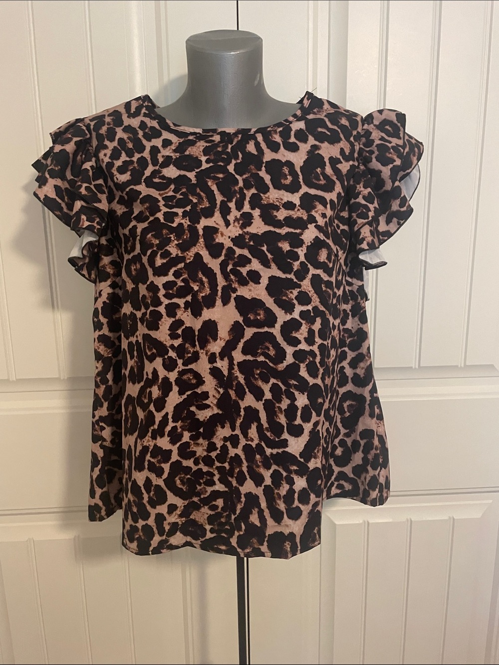 Leopard Print Ruffle Sleeve Blouse - Brown/Black